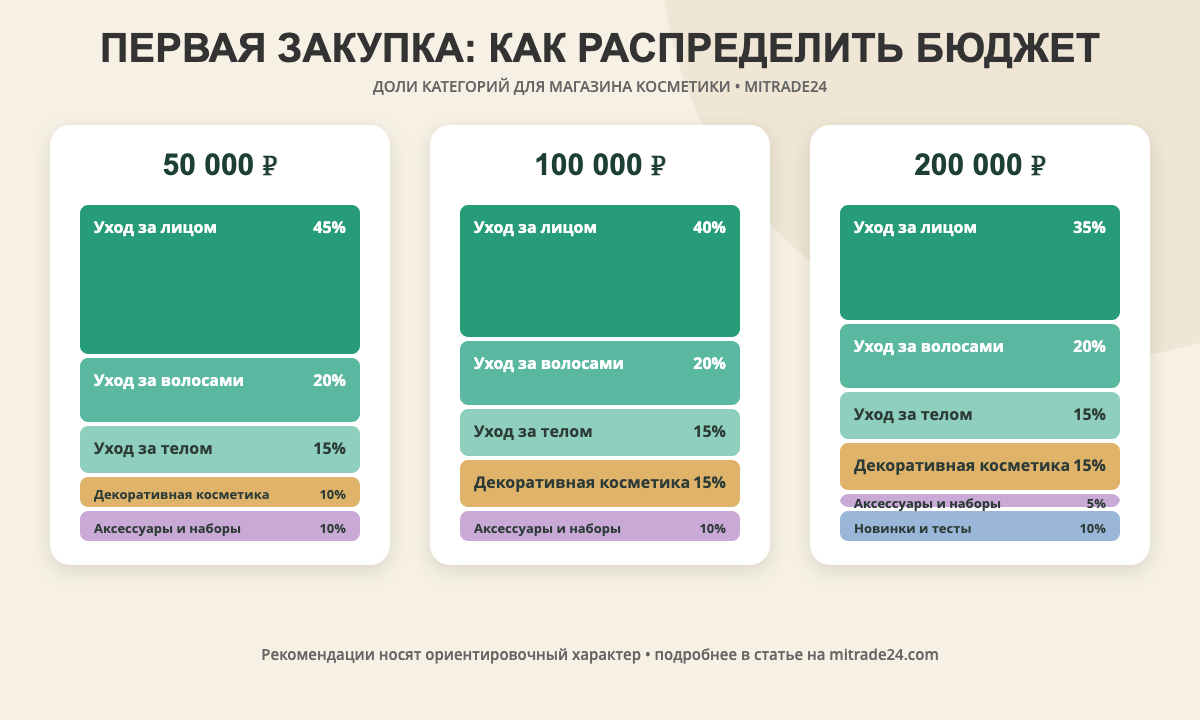 Как распределить бюджет первой закупки косметики для магазина: 50, 100 и 200 тысяч рублей по категориям